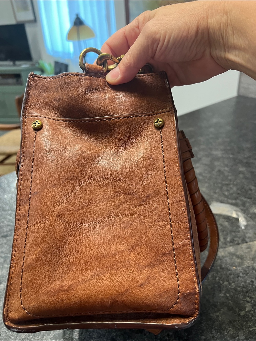 Frye Cognac Brown Leather Satchel with Chain-Leather Strap - Picture 11 of 16